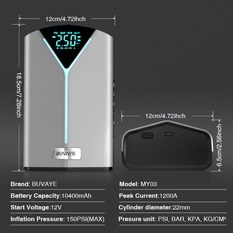BUVAYE MY03 Car Battery Jump Starter Inflatable Pump Power Bank LED Lighting Portable 4 In 1 Car Booster Air Compressor for 12V Cars